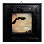 2018, Lack, Fotografie, Keilrahmen, Kleber, Naturmaterialien und Modellfigürchen, 18 x 18 cm Bild mit dem Titel "Angela" von Heike Stommel