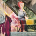 2021, Acryl auf Leinwand, 60 x 60 cm Gemaltes Bild mit dem Titel "The lady with the yellow saxophone case" von Heike Stommel
